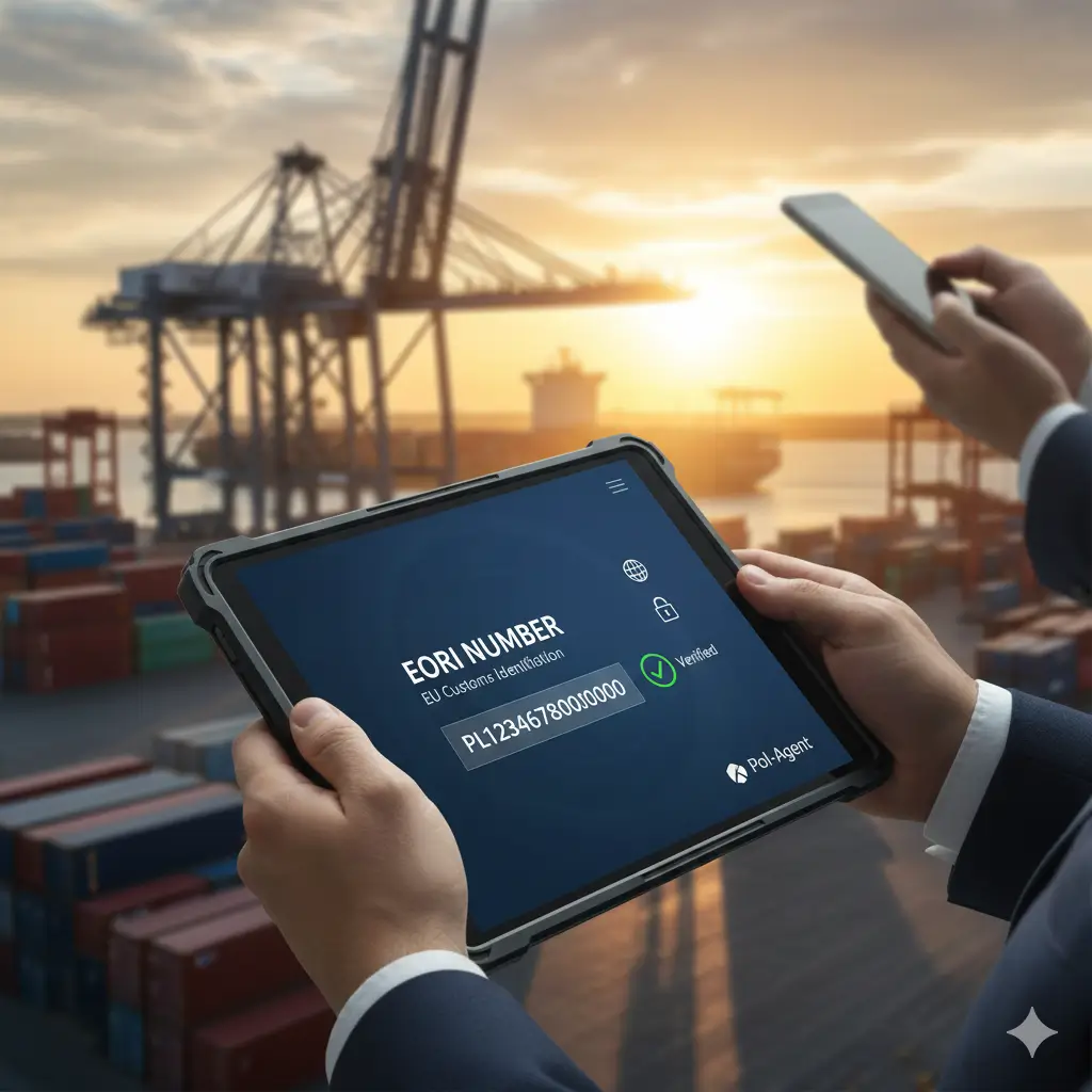 Przedsiębiorca weryfikujący numer EORI na tablecie w porcie kontenerowym – doradztwo celne Pol-Agent