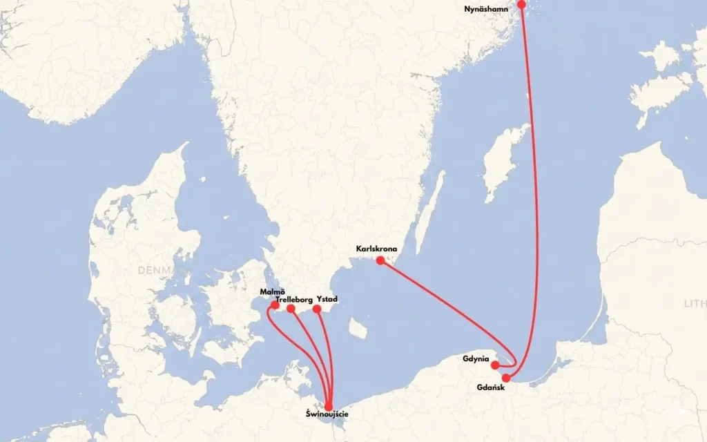 mapa-polaczen-promowych-baltyk-polska-szwecja Porównanie tras promowych cargo ze Świnoujścia i Trójmiasta do portów w południowej Szwecji