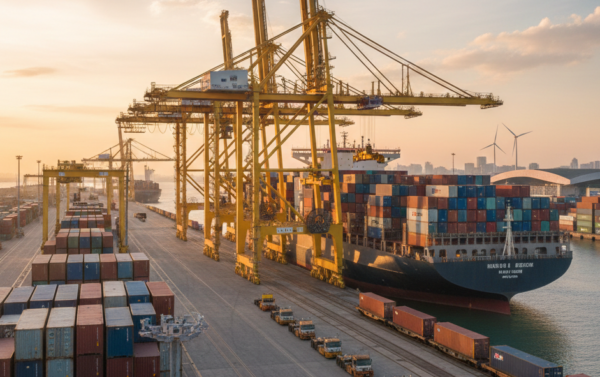 Professional agency services and cargo vessel unloading at a port terminal
