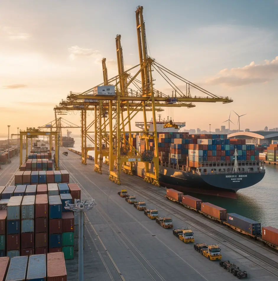 Professional agency services and cargo vessel unloading at a port terminal